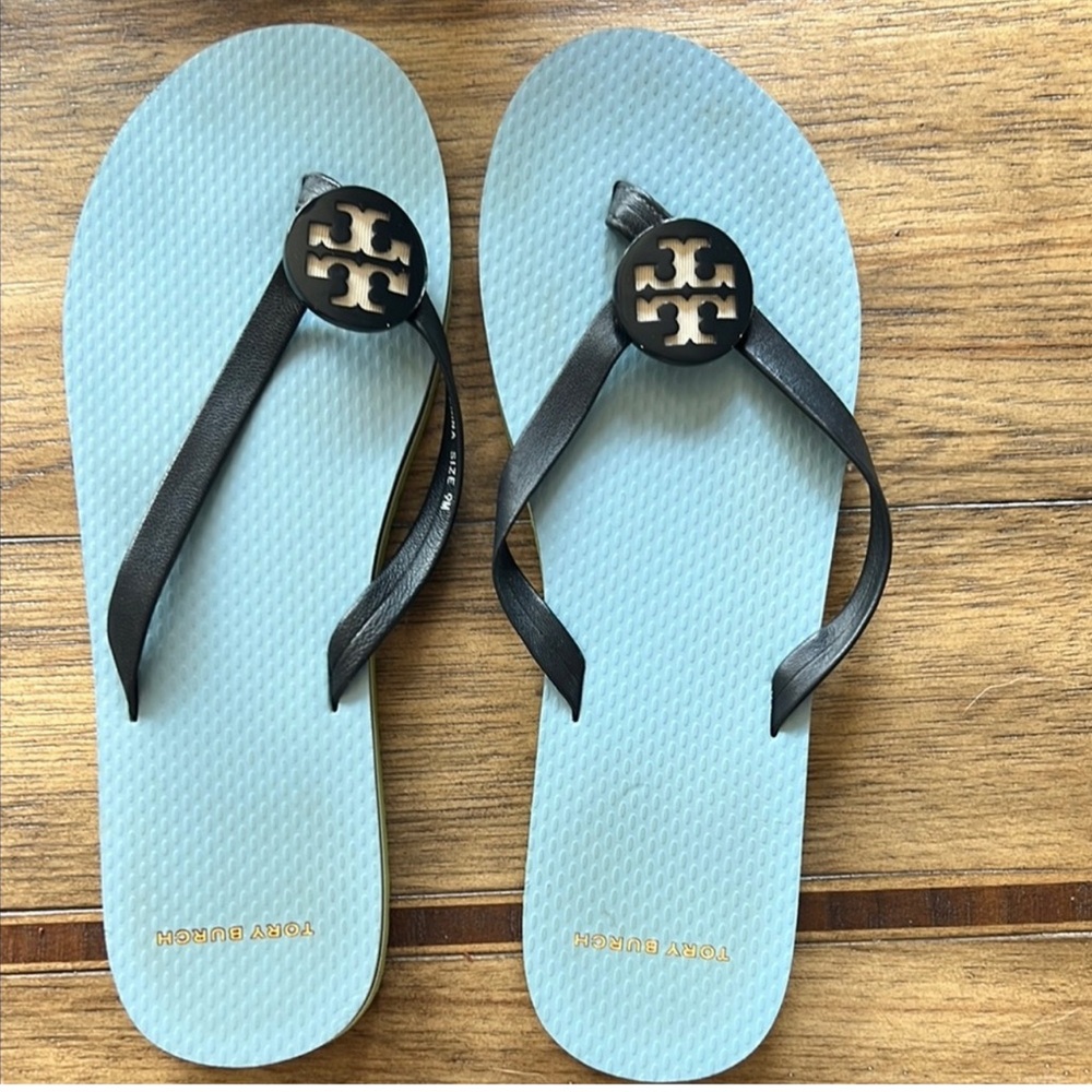Tory Burch Light Blue and Black Sandals